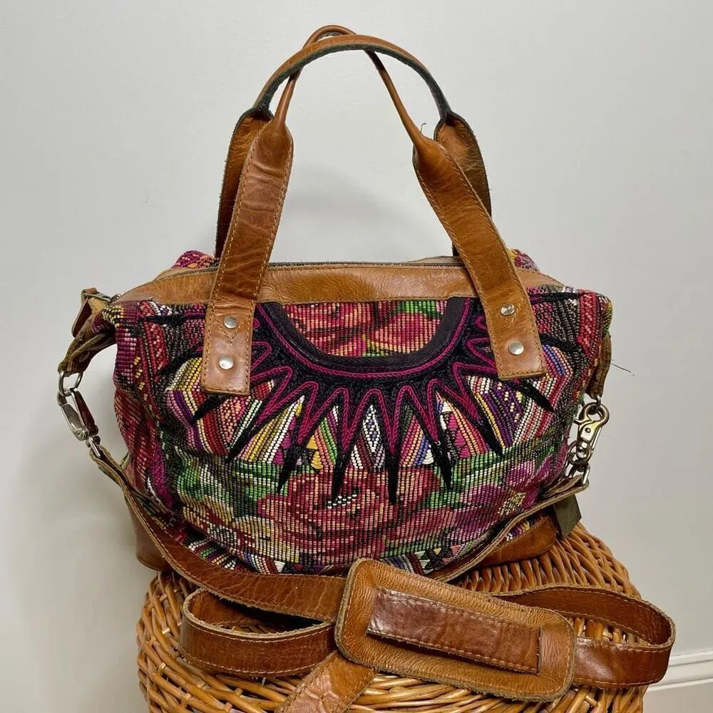 Nena & Co OOAC Weekender Bag Leather /Textile Purse Slouch Tote Travel Guatemala Brown - Image 11