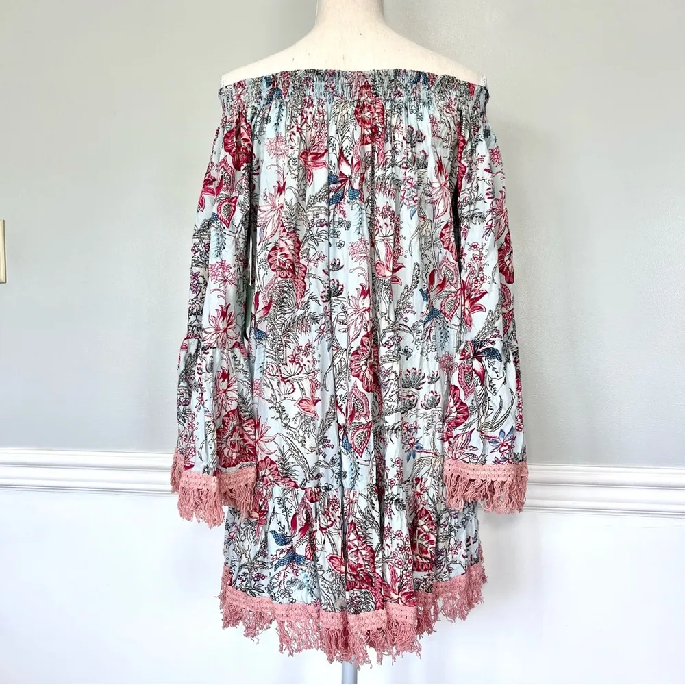 Z & L Europe Floral Boho Off The Shoulder Lace Bell Sleeve Mini Dress S/M - Image 3