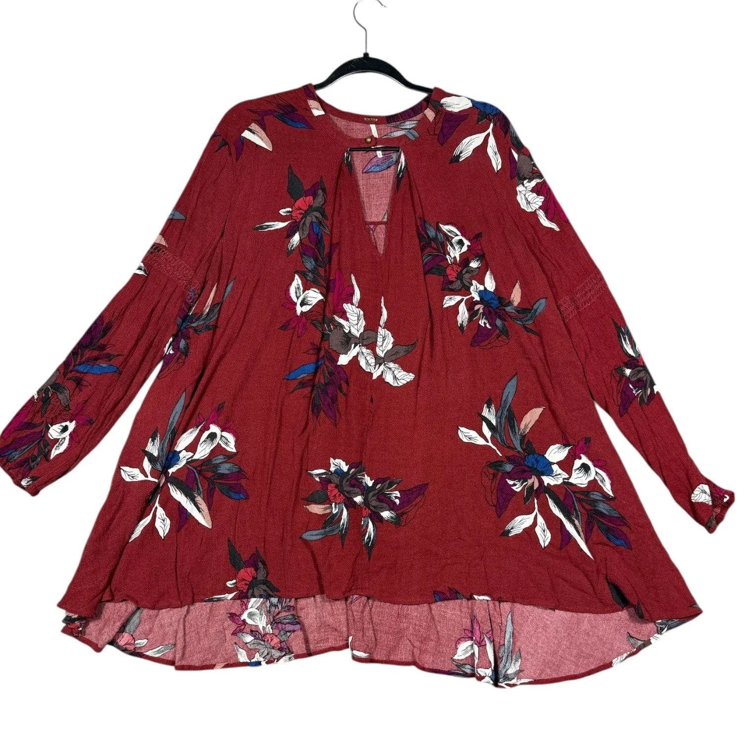 Free People Red Floral Boho Tunic Mini Dress Top Size Small - Image 5