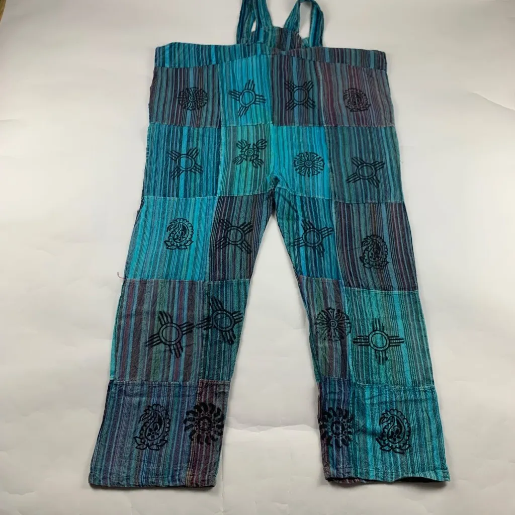 Vintage Wevez Turquoise Striped Cotton Stamp Print Relaxed Overalls One Size Blue Size undefined - Image 9