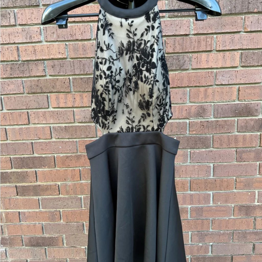 Xtraordinary Black Cocktail Mini Dress Semi-Formal Halter Mesh Overlay Size 3 - Image 2