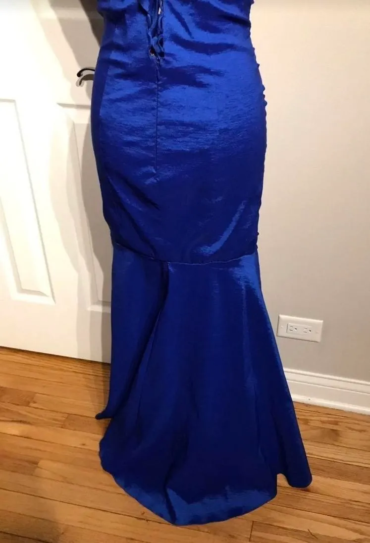 Taffeta Holographic Iridescent Bodice Mermaid Draped Gown Prom Blue - Image 6