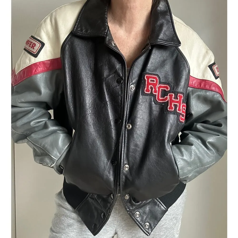 Vintage Letterman Jacket Size M/L Womens 80s/90s Era Black Grey Red Logo Size L - Image 13