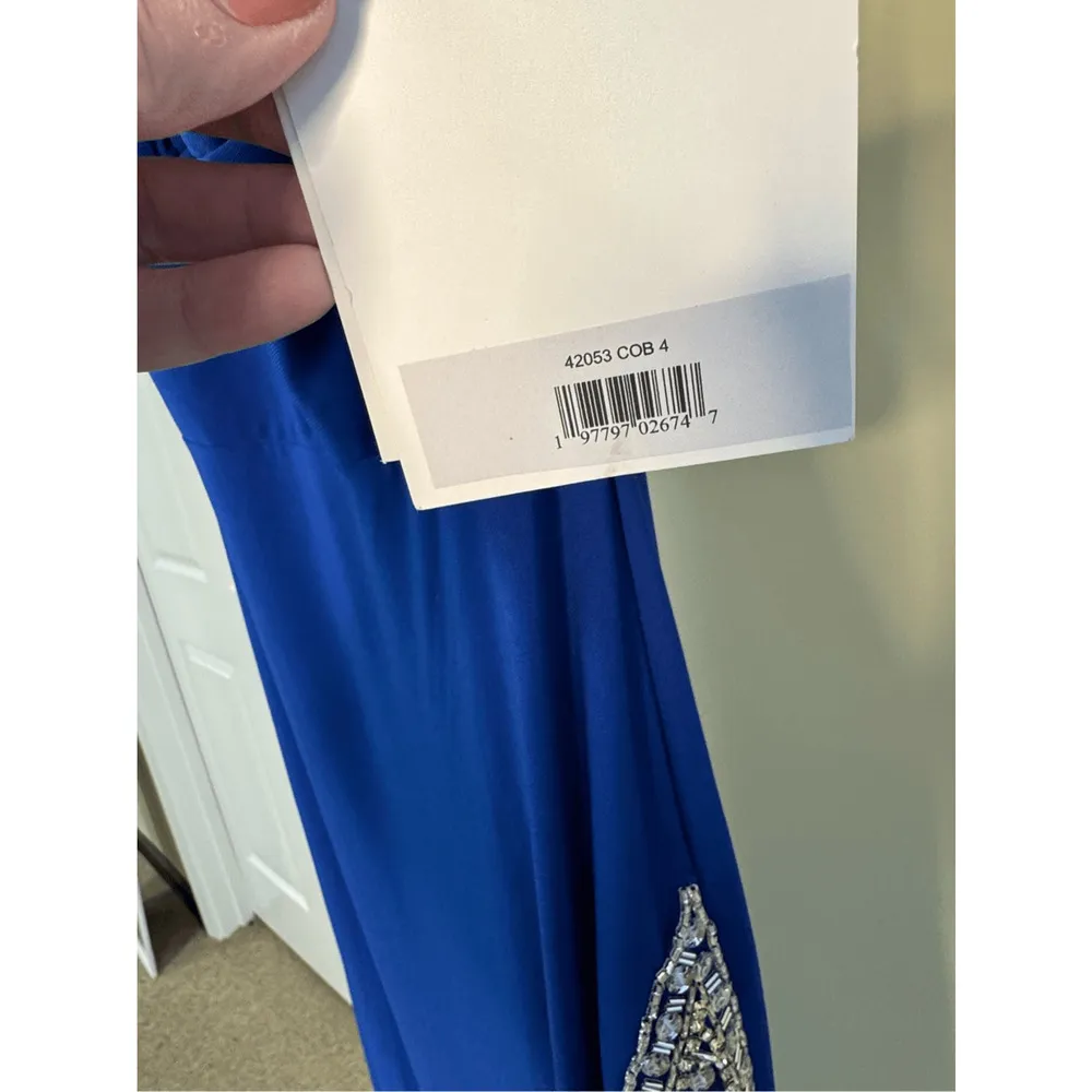 Mac Duggal NWT Jersey Halter Neck Beaded Slit Detail Gown in Cobalt Size 4 - Image 6