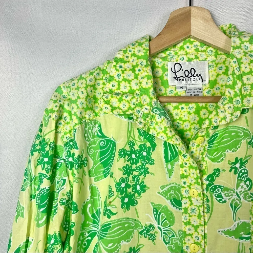 Lilly Pulitzer Vintage Green & Yellow Floral Butterfly Button Down Shirt Dress M - Image 3