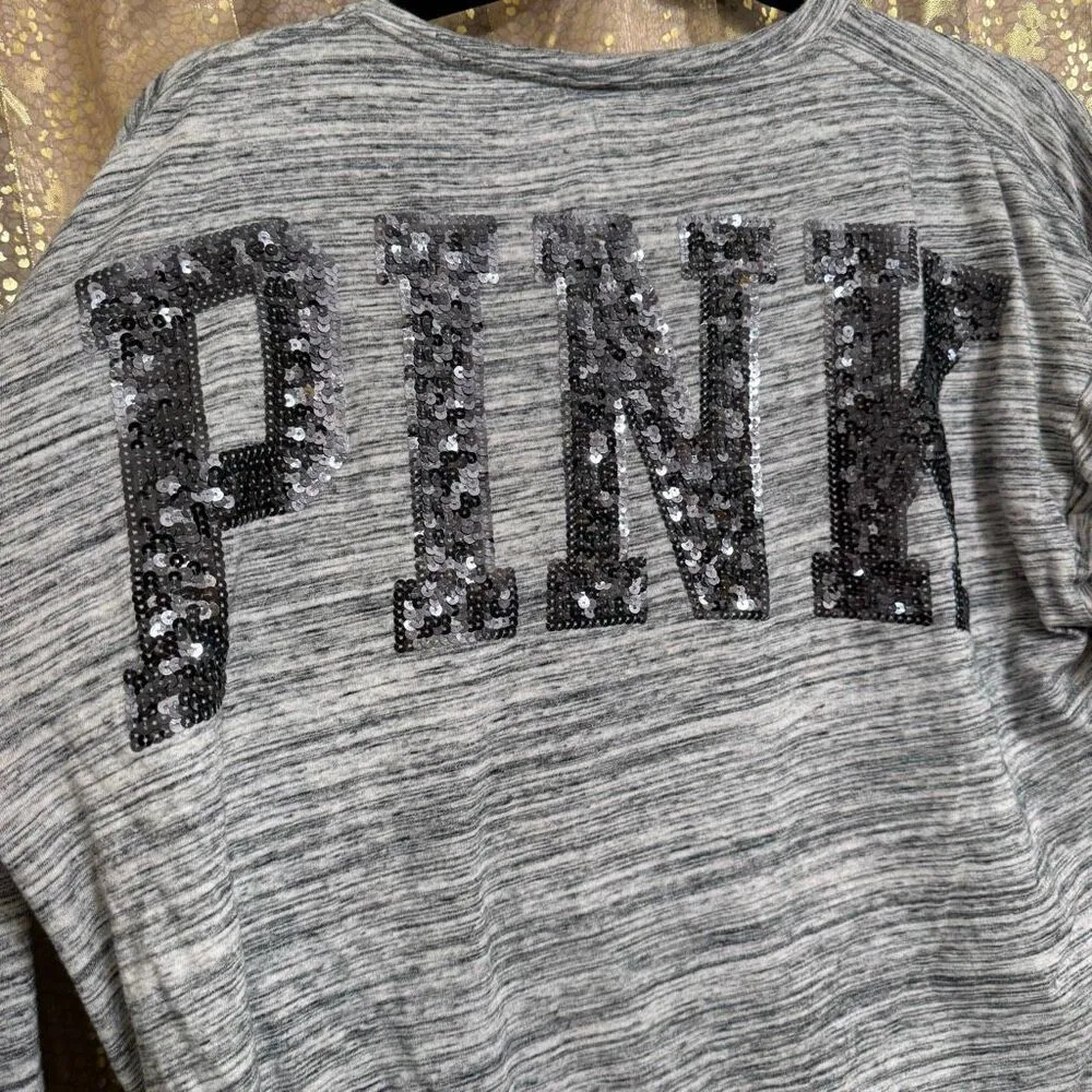 PINK Victorias Secret Gray Bling Sequined Shoulder Logo Campus Top Large - Image 6
