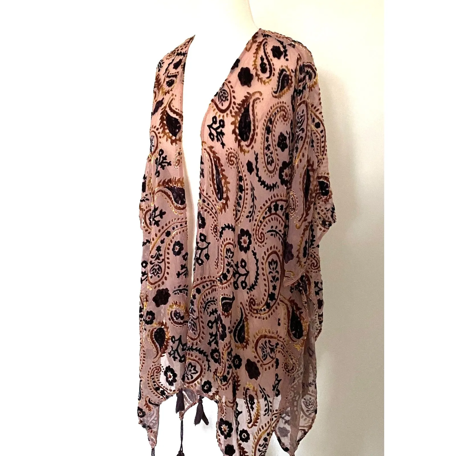 Japna Velvet Burnout Floral Paisley Cape Shawl Tassel Fringe Kimono Boho Chic M - Image 3
