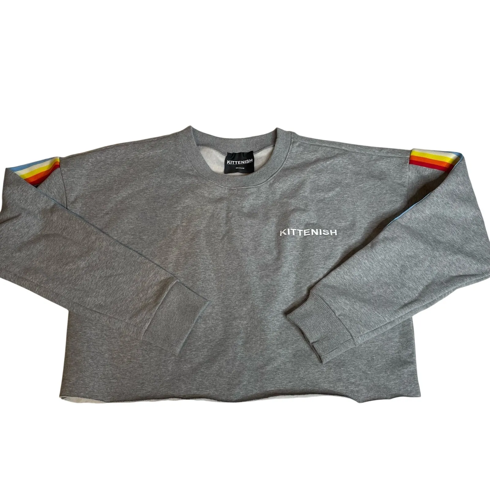 Kittenish Grey Cropped Sweatshirt Rainbow Stripe Sleeve Lounge Athleisure M - Image 4