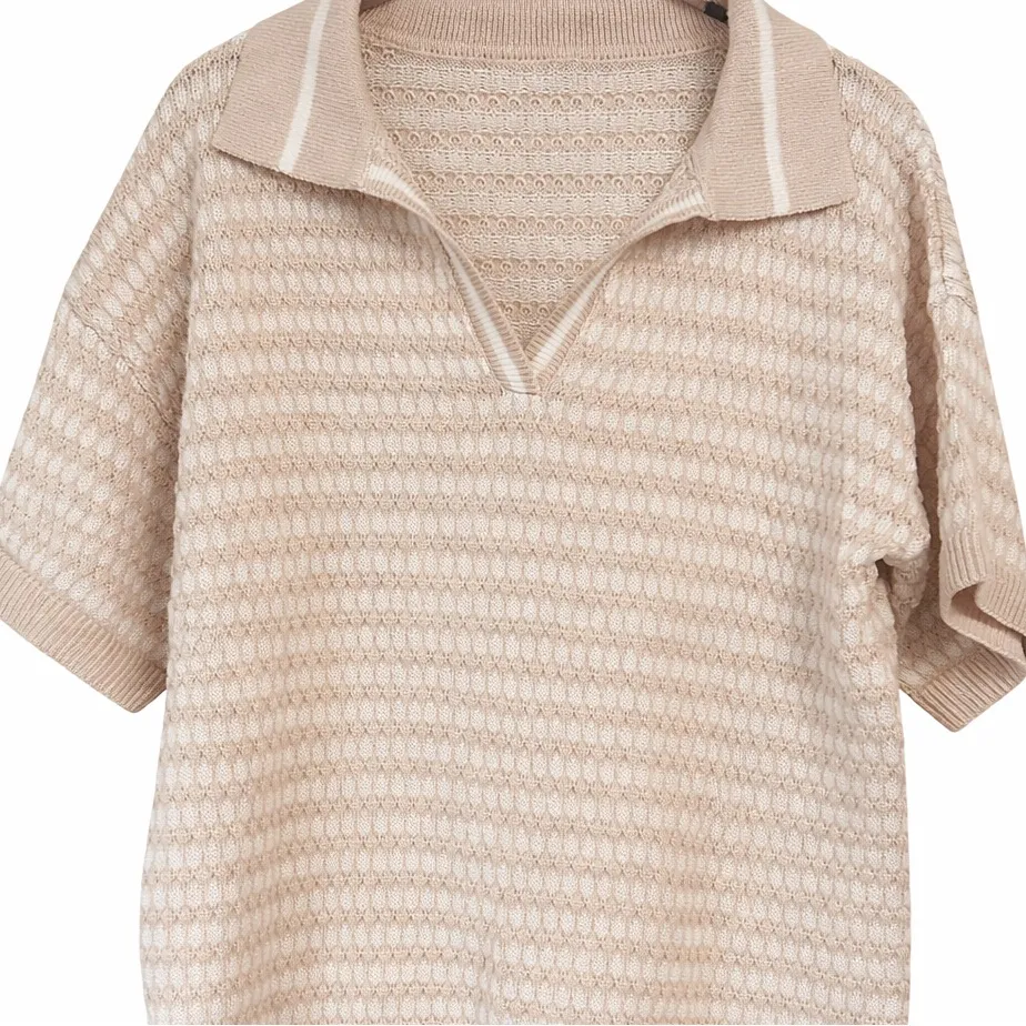 Women’s Knit Lounge Set – Khaki Beige Textured Polo Top + Wide Leg Pant (Size L) Size L - Image 2