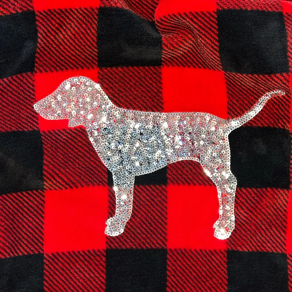 Victoria’s Secret Pink buffalo plaid sequin bling dog soft cozy hooded rob XS/S - Image 4
