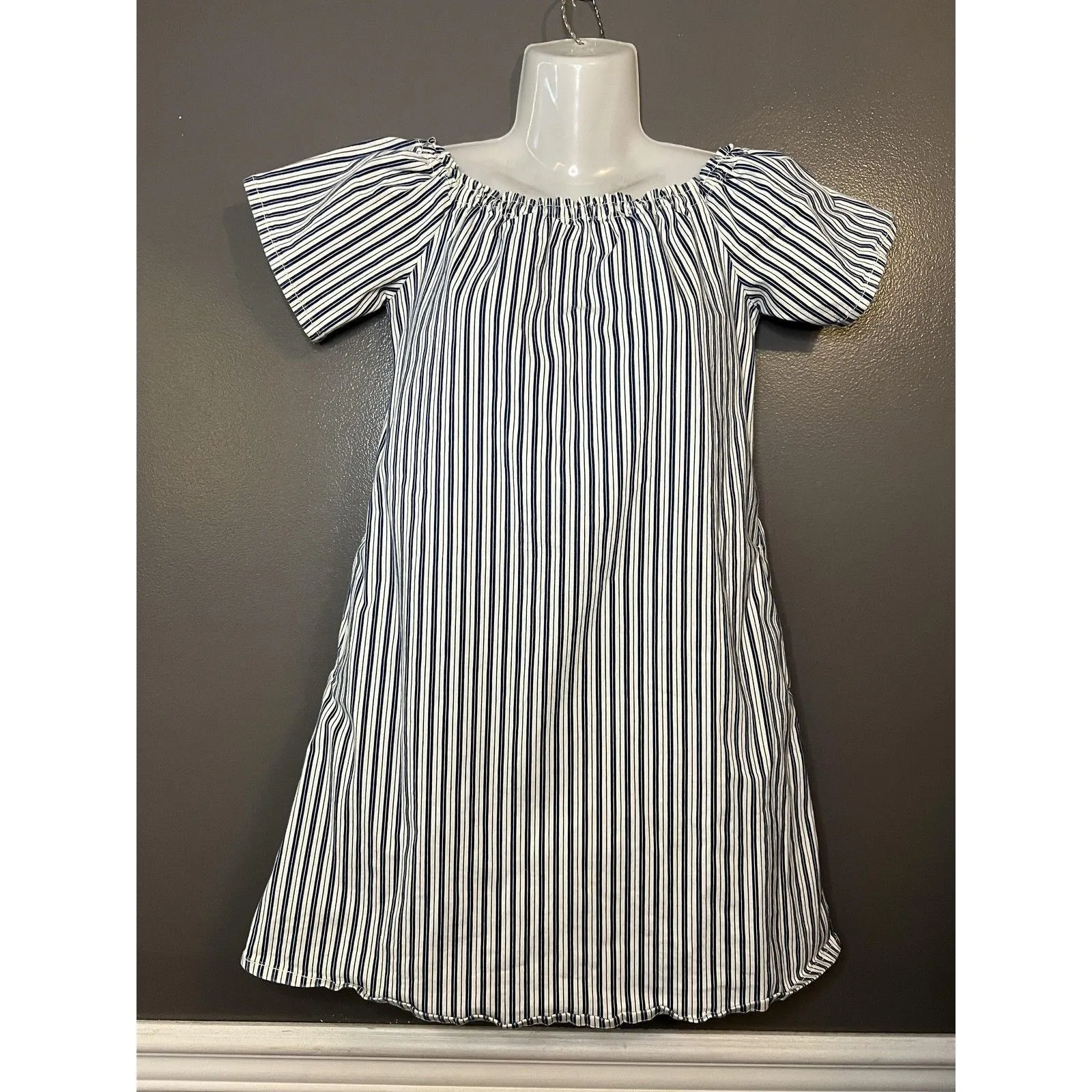 AG Adriano Goldschmied Dress Womens Medium Blue White Striped Off Shoulder Shift - Image 2
