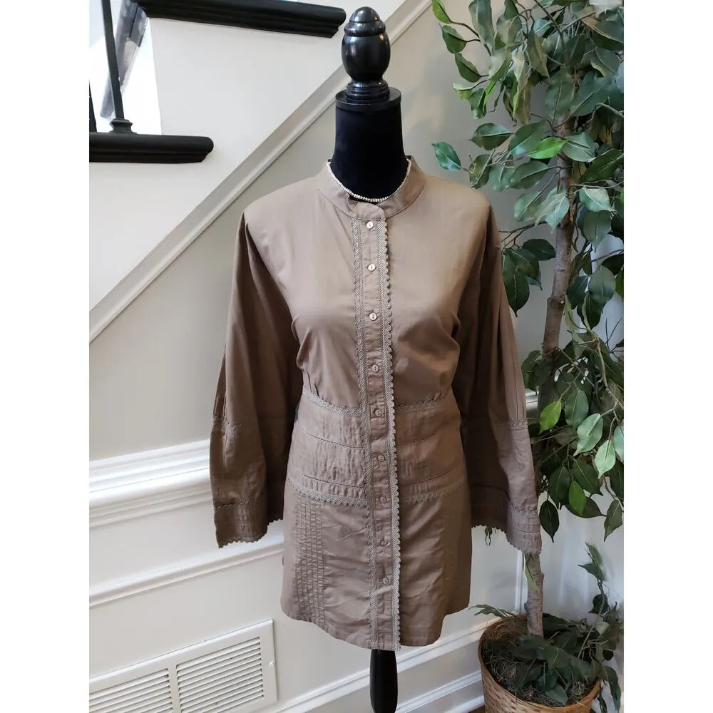 Cato Woman 22/24W Brown Cotton Pintuck Tunic Blouse Lace Trim Long Sleeve Top - Image 2