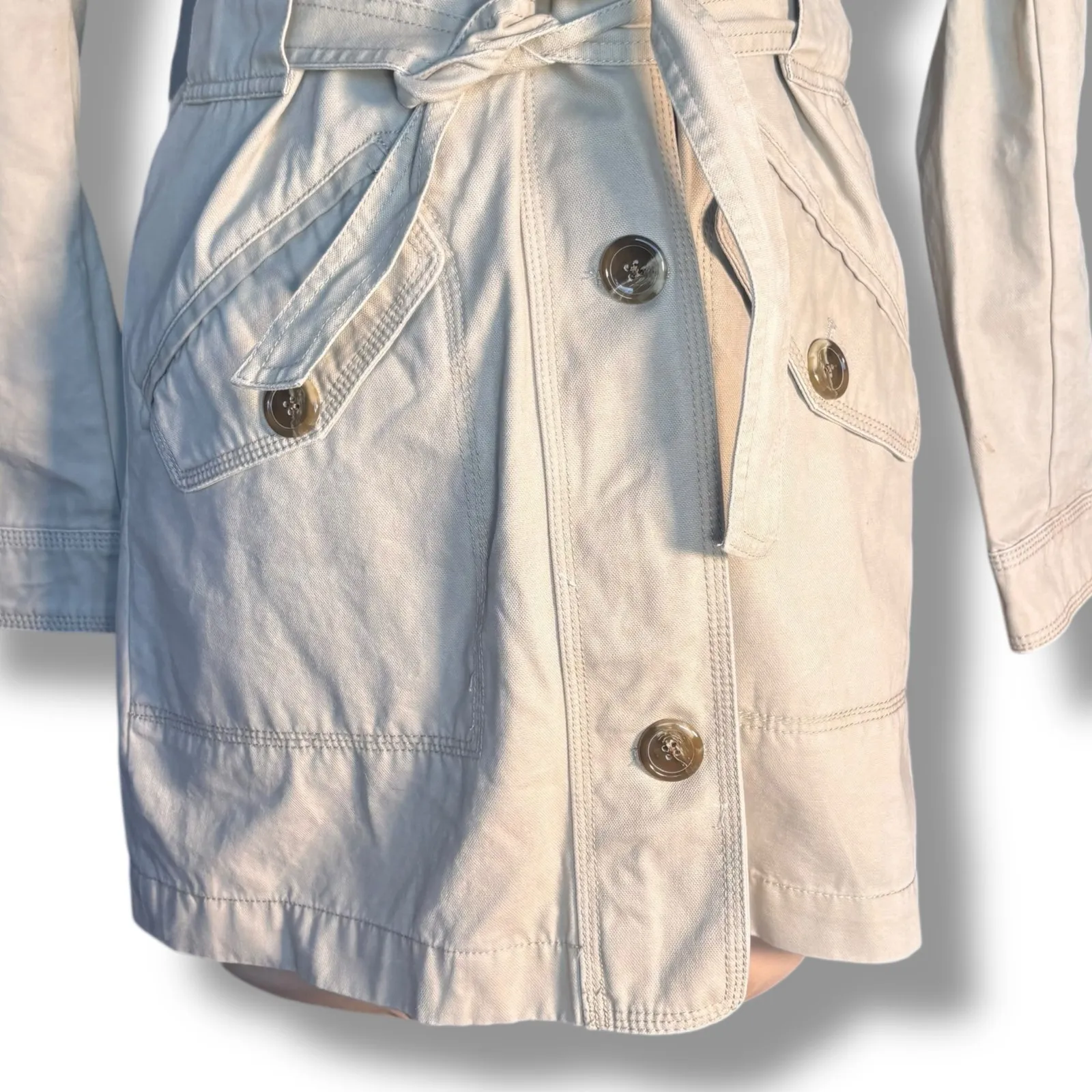 Gap Beige Cotton Trench Coat Utility Jacket Women’s Small Belted Detachable Hood - Image 5