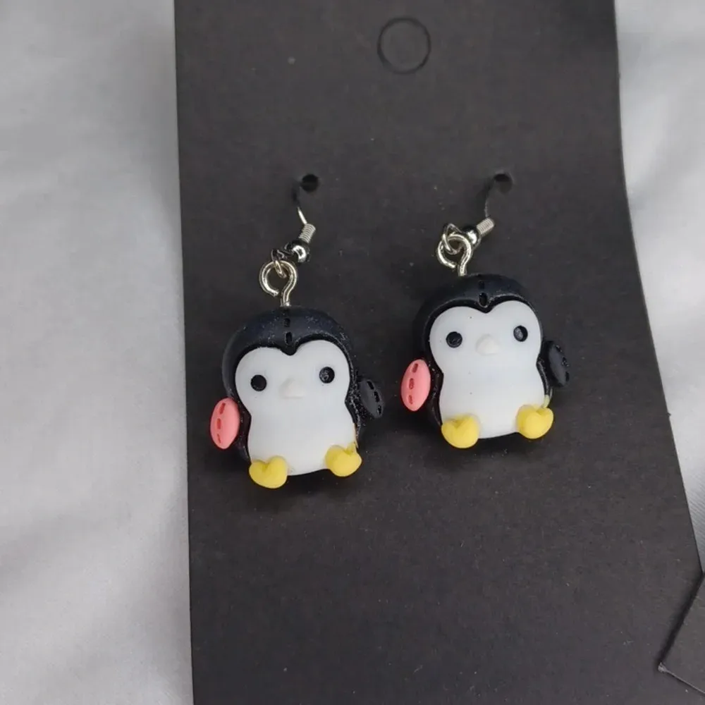 Handmade penguin and fish in a bag earrings - Image 2