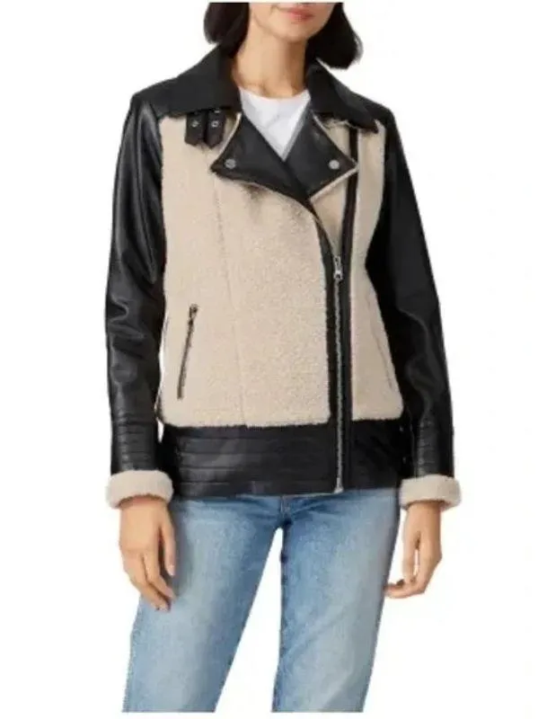 Slate & Willow Aviator Beige Black 100% Leather Sherpa Zip Up Moto Coat Jacket S - Image 4