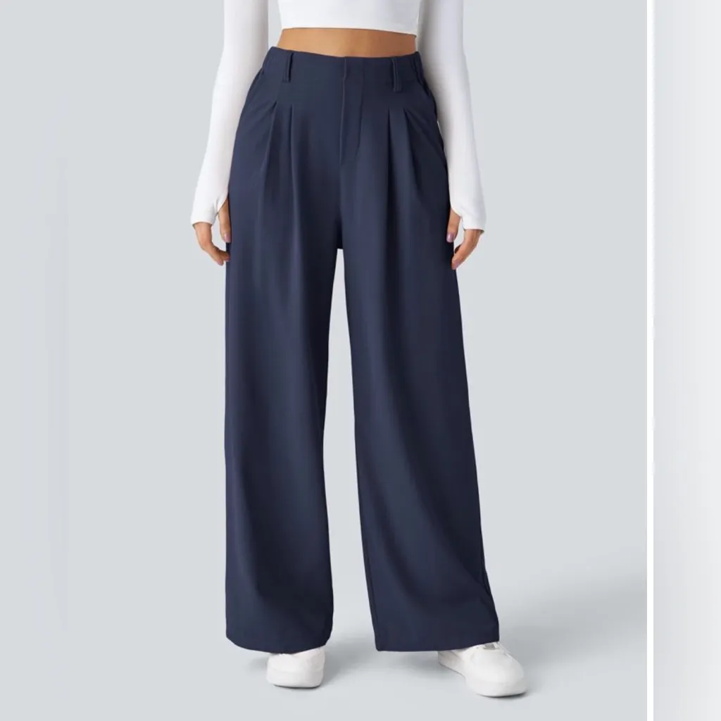 Halara Flex™ High Waisted Pocket Wide Leg Waffle Work Pants | Dark Blue - Image 3