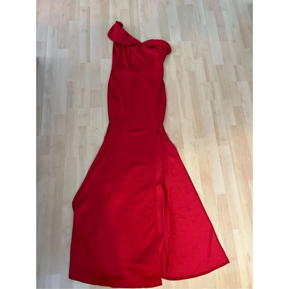 NEW One Shoulder Mermaid Maxi Wedding Prom Evening Dress Gown S Red - Image 4