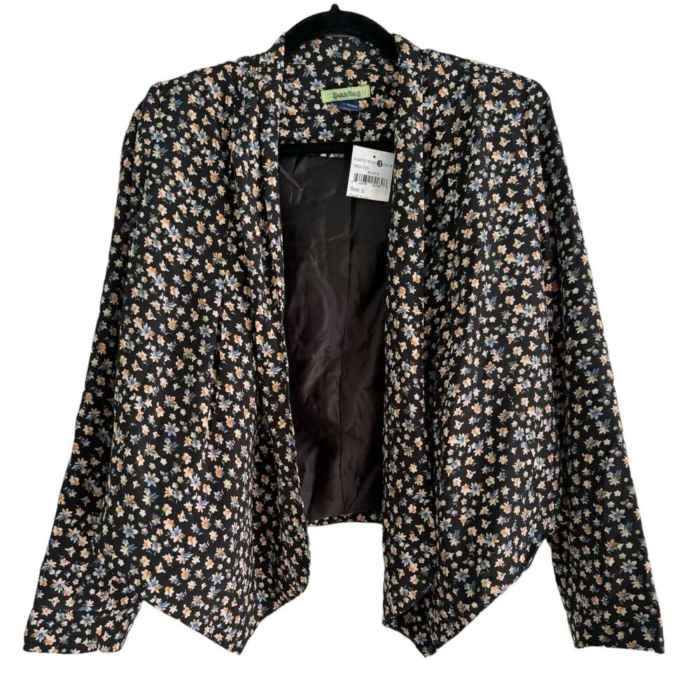 NWT Free Hug Dark Floral Asymmetrical Hem Open Front Blazer Jacket Size Small Blue - Image 3