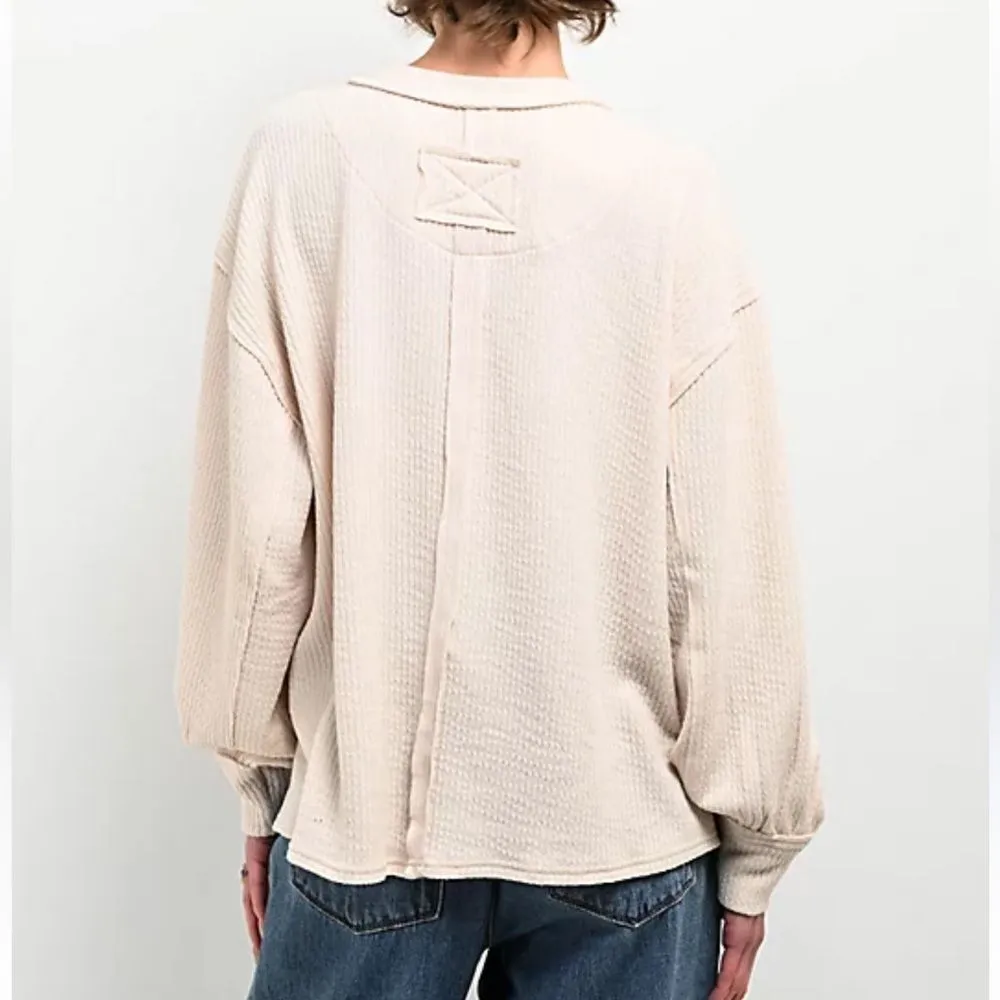 Blu Pepper Balloon Sleeve Cream Waffle Knit Long Sleeve Shirt Women’s Medium - Image 2