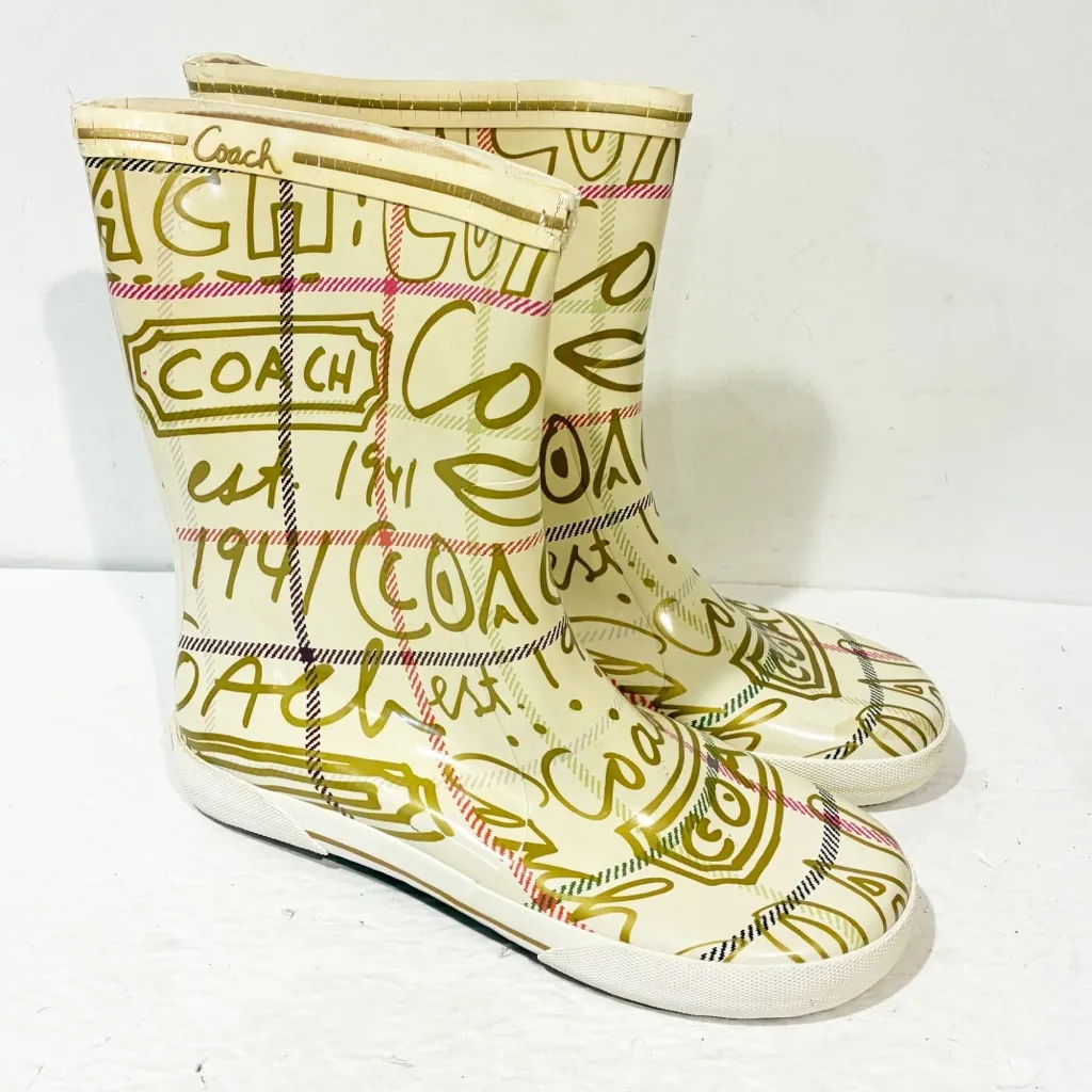 Vintage Coach Ursula Gold Ivory Women’s Waterproof Rain Boots Size 8 - Image 3