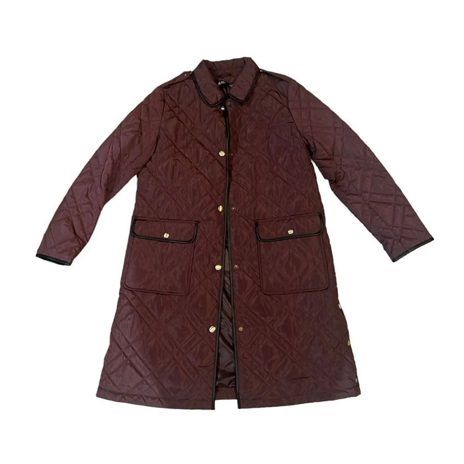 NWOT Lauren Ralph Lauren Coat Womens Medium Burgundy Quilted Long Snap Pockets - Image 2