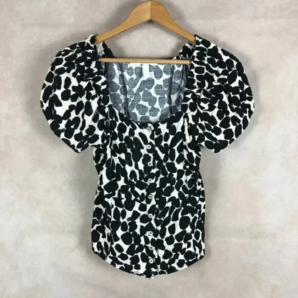 H&M Puff-Sleeve Linen Blend Printed Top Size 8 (Medium) - Image 3