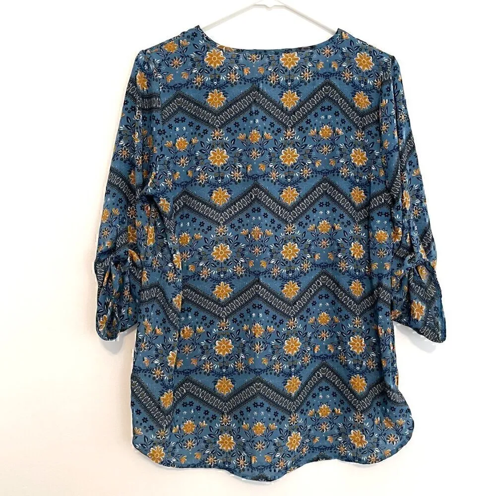 PINK ROSE Blue Mustard Navy Floral Chevron 3/4 Sleeve Roll Tab Sleeve Blouse Top - Image 10