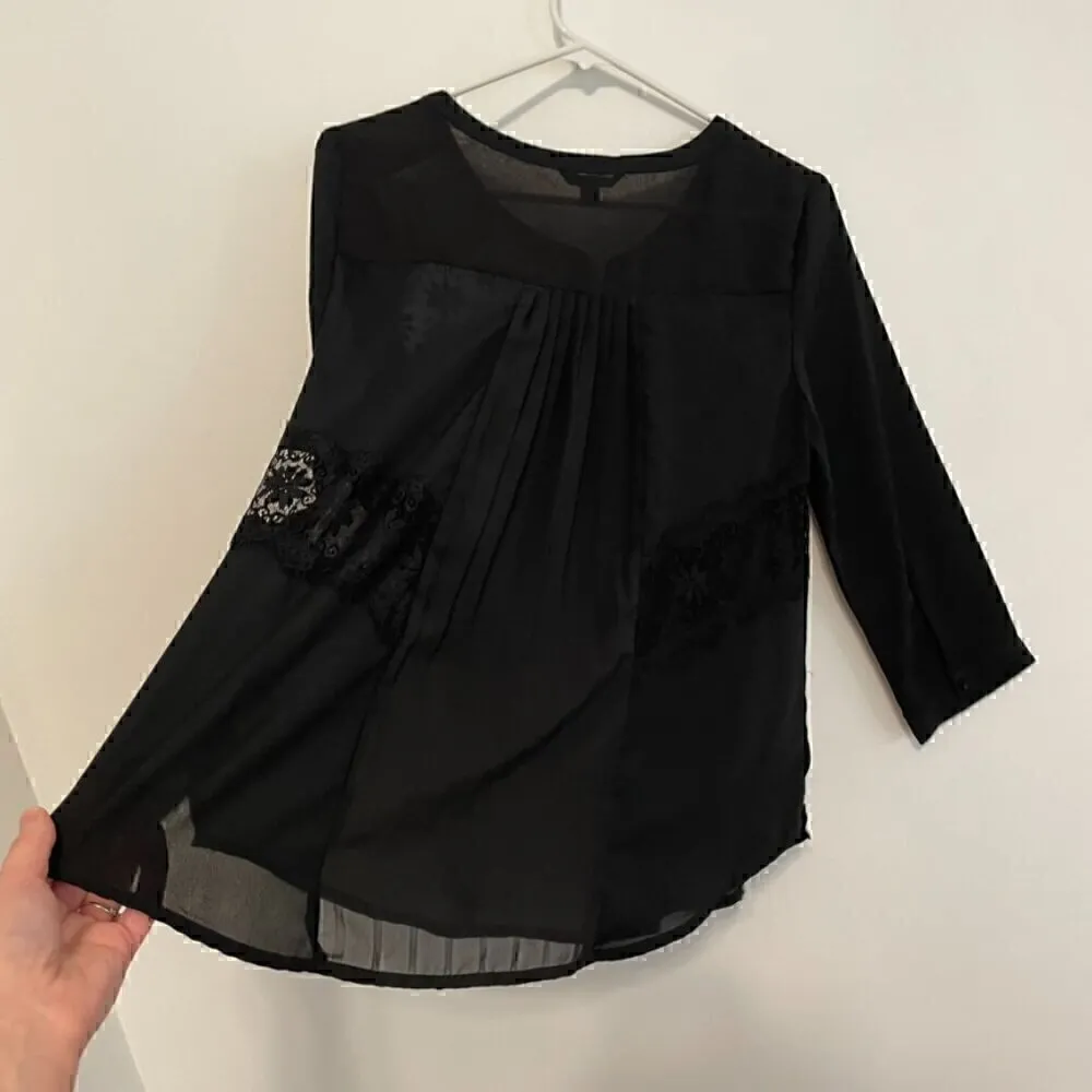 AMERICAN EAGLE Black Floral Lace Inset Semi Sheer 3/4 Sleeve Boho Peasant Blouse - Image 17