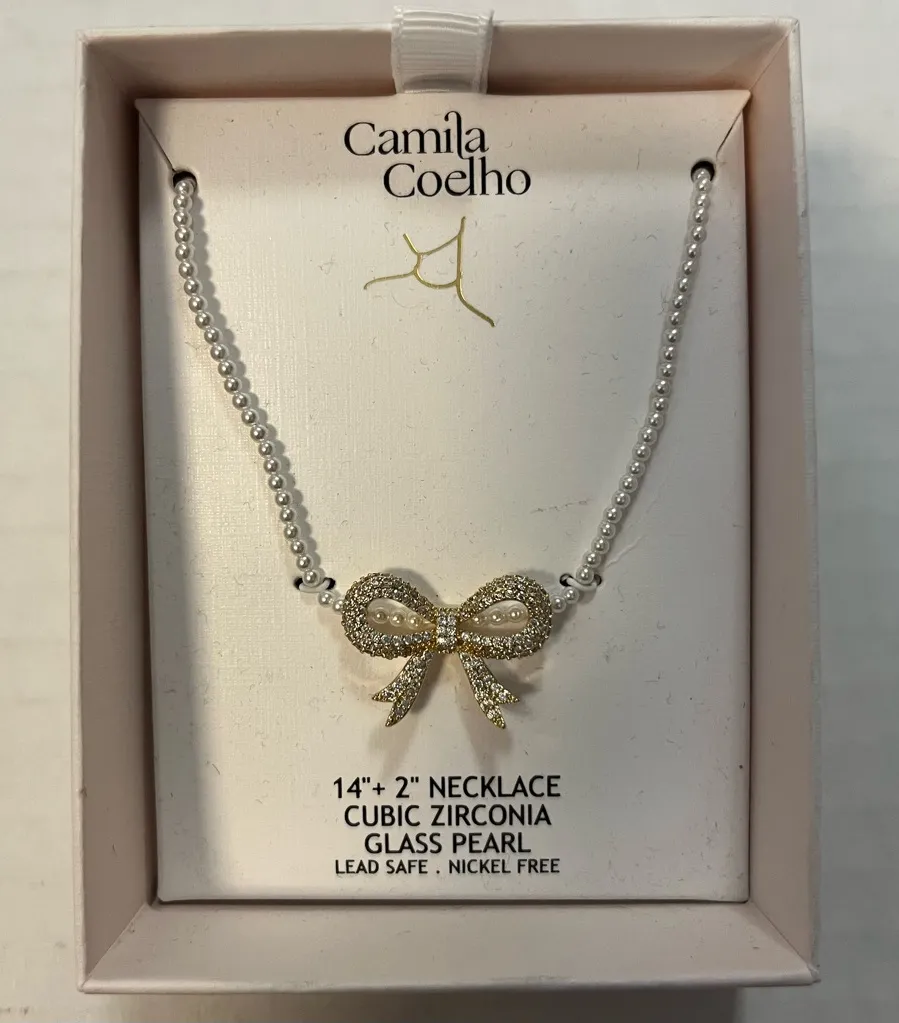 Camila Coelho Bow Necklace Cubic Zirconia Stone Bow w/ Glass Pearl Chain NIB - Image 1