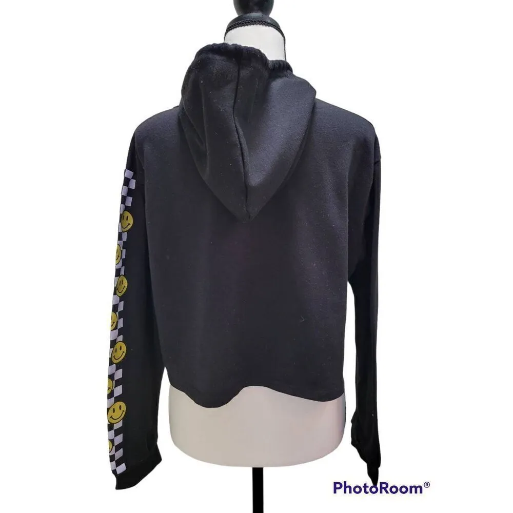 Posh Posh Size L Juniors Cropped Hooded Sweatshirt Be Happy Smiley Faces Black Size L - Image 3