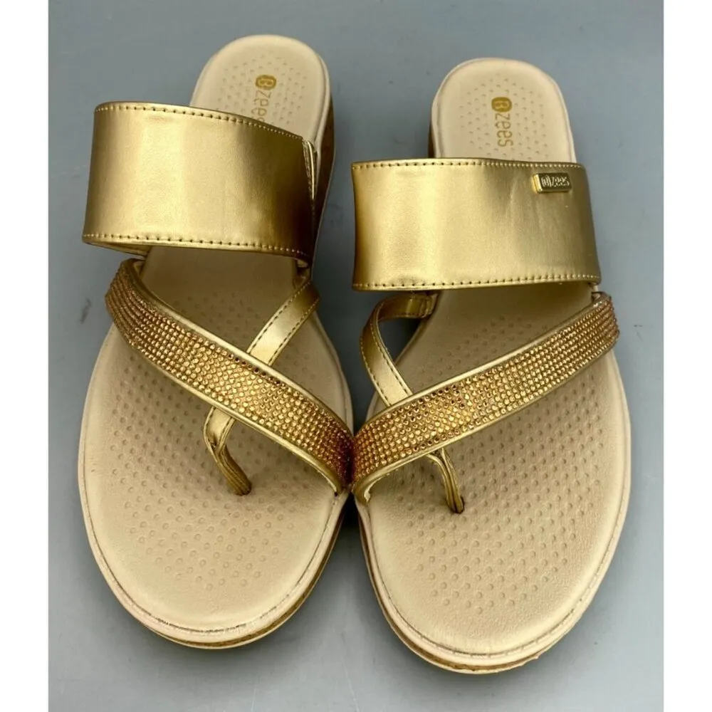 Bzees Bora Bright Women's Thong 10W Gold Embellished Casual Slip On Wedge Sandal Size 10 - Image 3