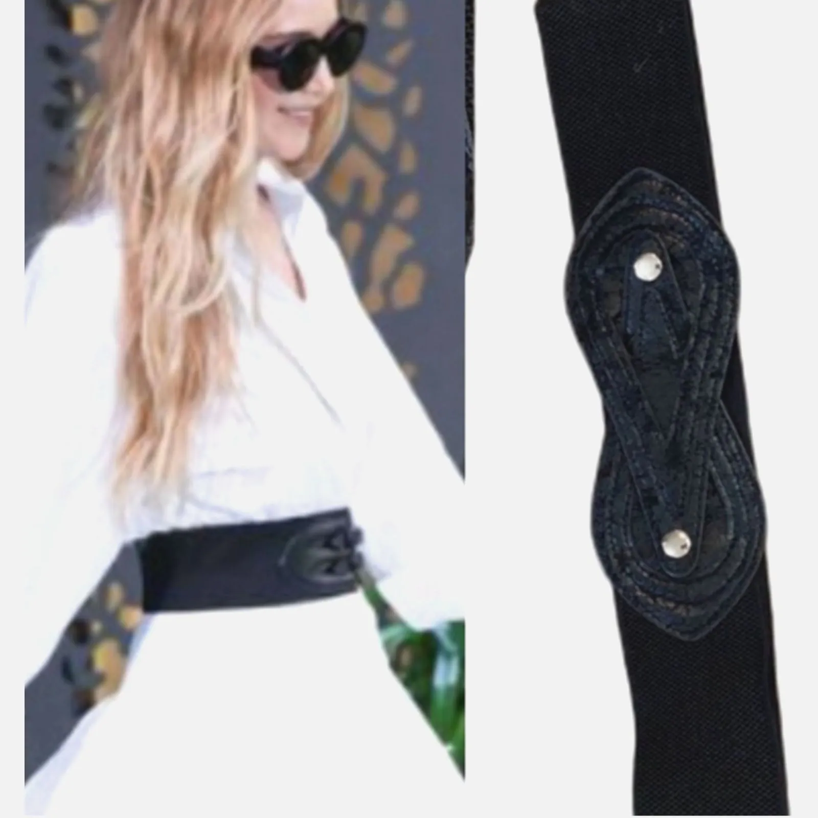 80s Vintage Waist Belt OS Black Stretch Leather Woven Snap Retro Punk Goth Vamp - Image 2