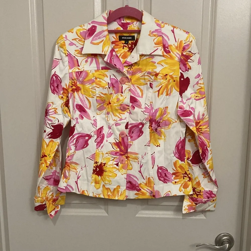 Y2K Mikane Floral Denim Jacket White Size 6 - Image 3