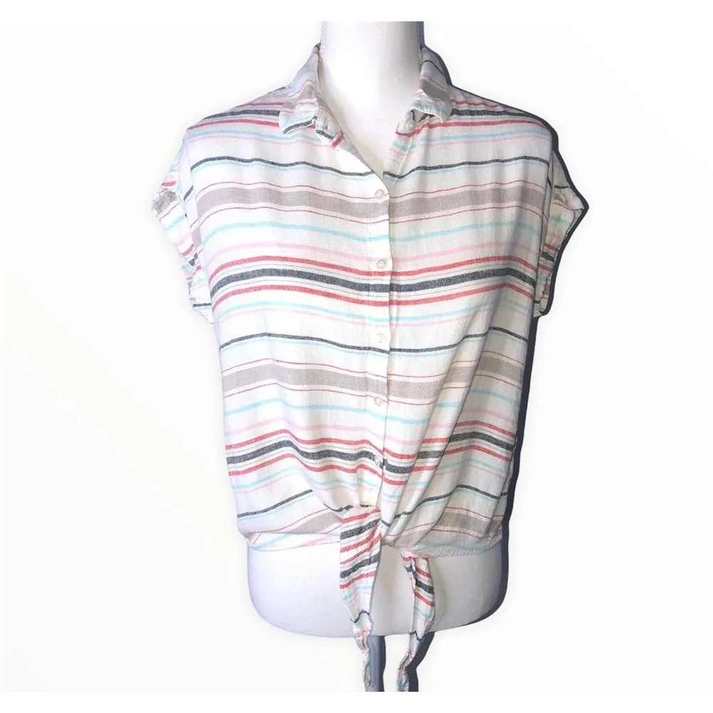 Weatherproof Vintage Washable Linen Striped Tie Front Shirt - Image 49