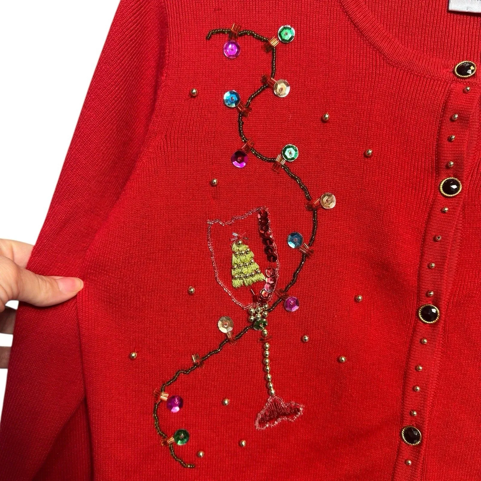 KIKIT Christmas Cardigan Size M Red Beaded Sequins Flower Martini Snowman Lights Size M - Image 2