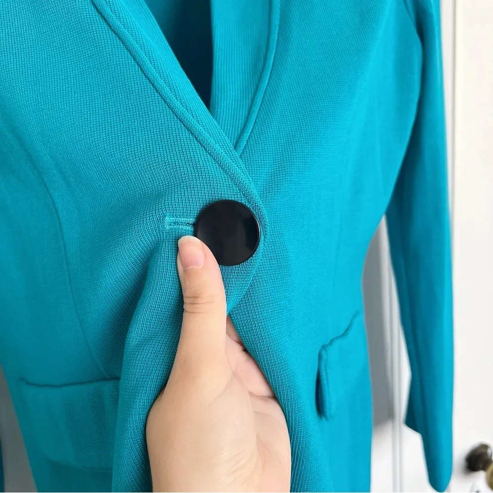 MISOOK • textured knit blazer jacket teal blue single button classic acrylic - Image 4