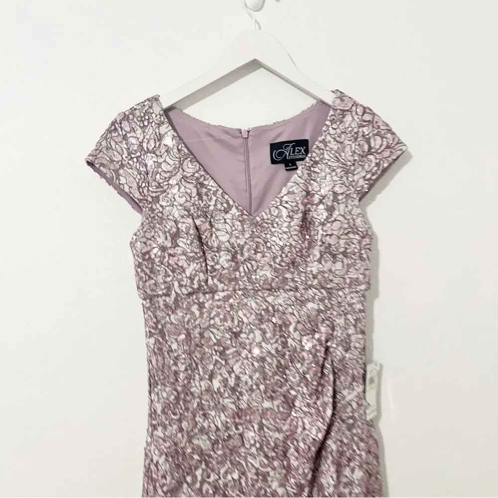 NWT Alex Evenings Women's Long Corded Lace with Surplice Neckline Mauve Size 4 - Image 8