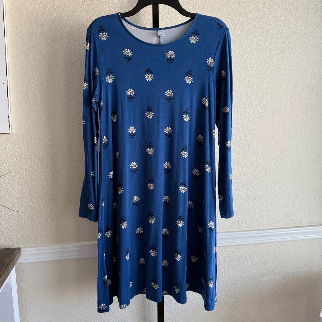 Old Navy Dress Blue Floral Long Sleeve Swing Everyday Dress Medium Stretch Knit - Image 2