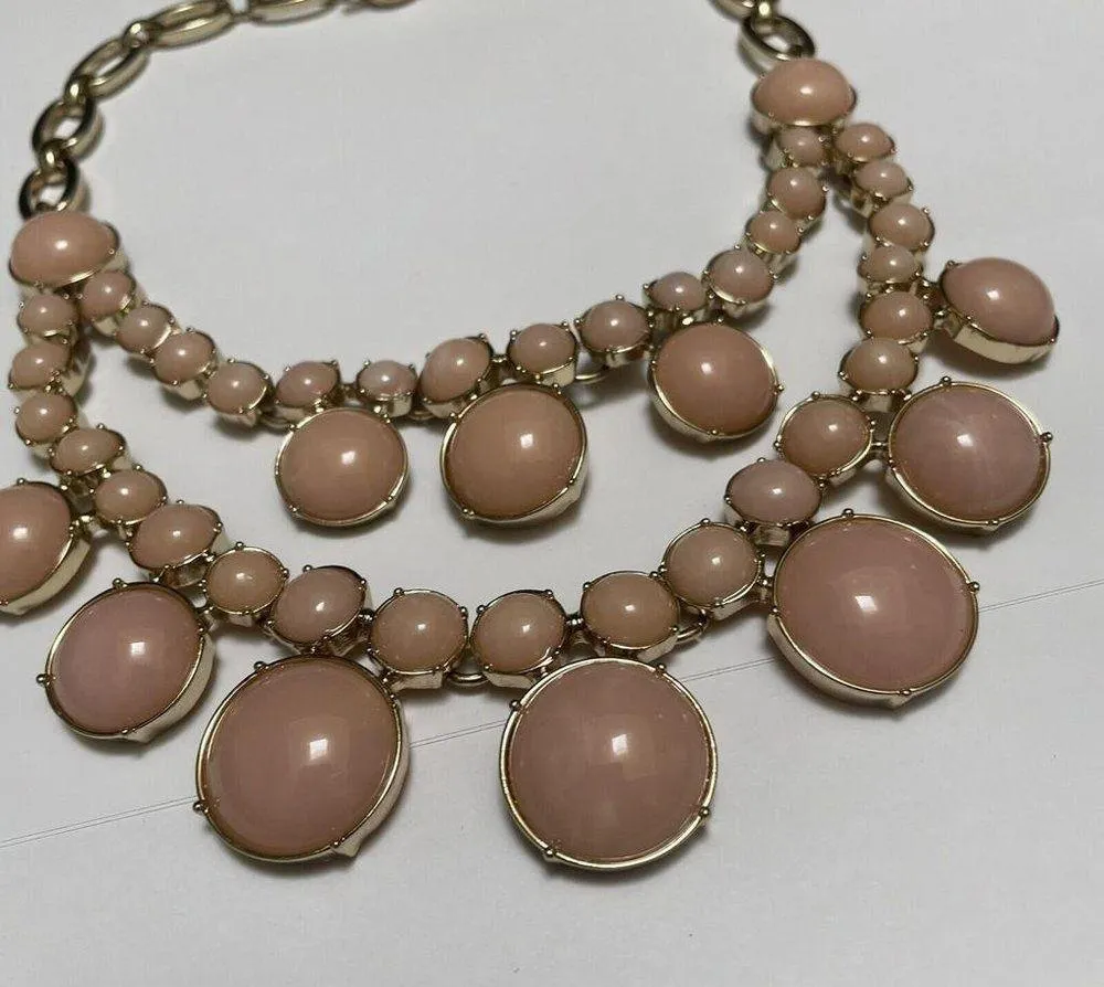 Signed T - Talbots Statement Costume Necklace Gold Tone / Pink Double Strand Bib - Image 4