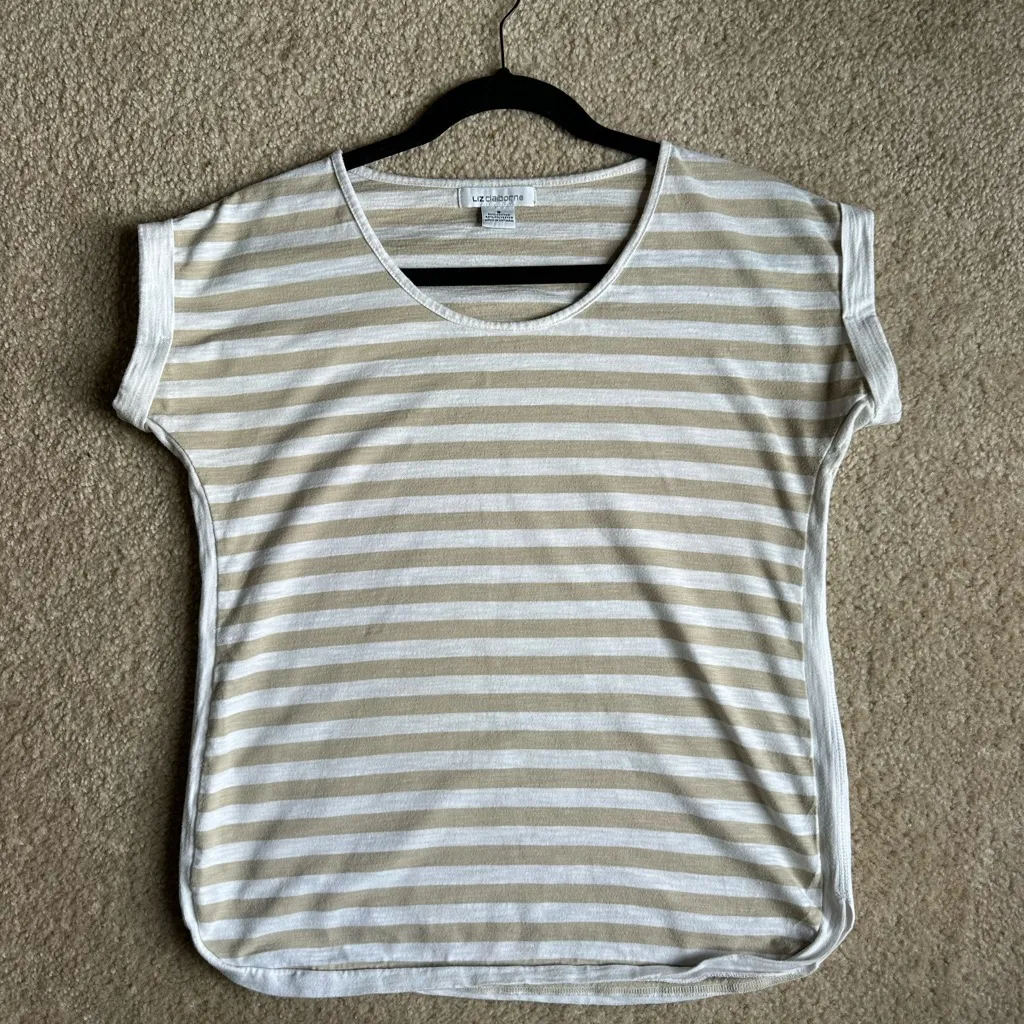 Liz Claiborne Tan and White Striped Tee - Image 3