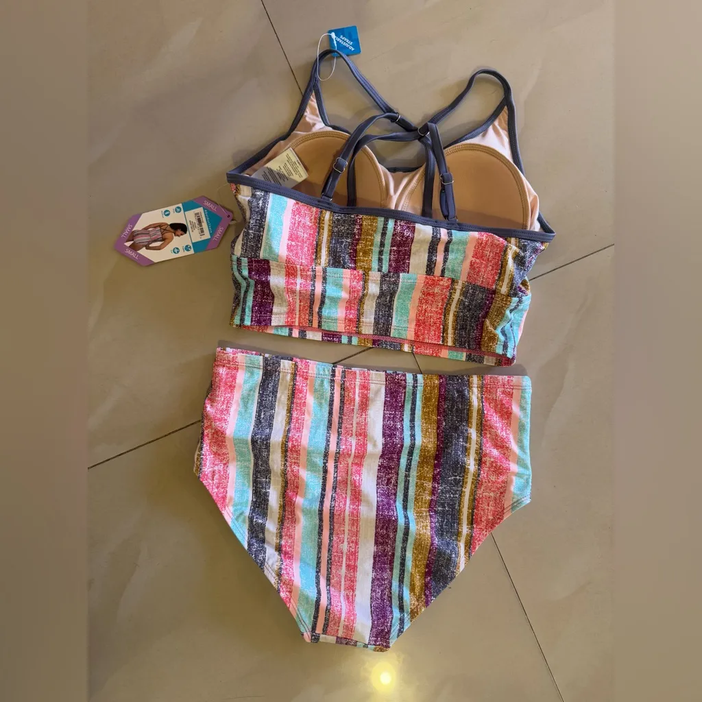 Free Country Striped Retro Bikini Swimsuit front High Waist High Cut Legs S-4/6 - Image 14