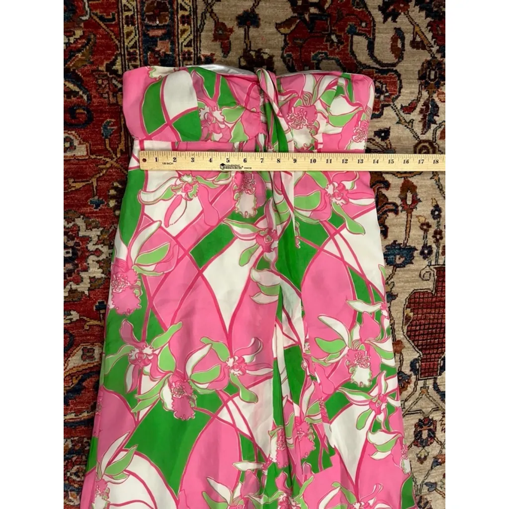 Lilly Pulitzer Strapless Silk Maxi Dress Size 4 Pink Green Floral Orchid Printi - Image 5