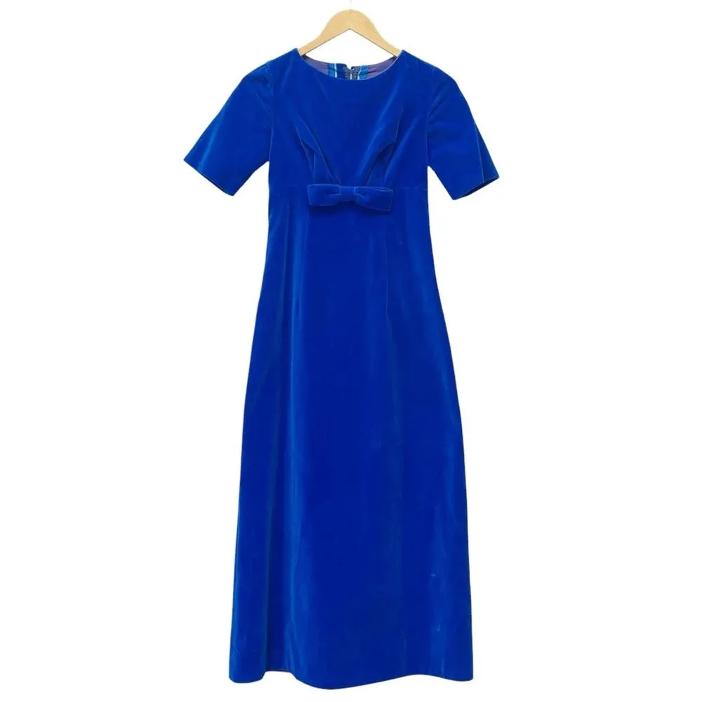 Vintage 1960s Handmade Royal Blue Velvet Dress Modern Size 0 Long Evening Gown - Image 5
