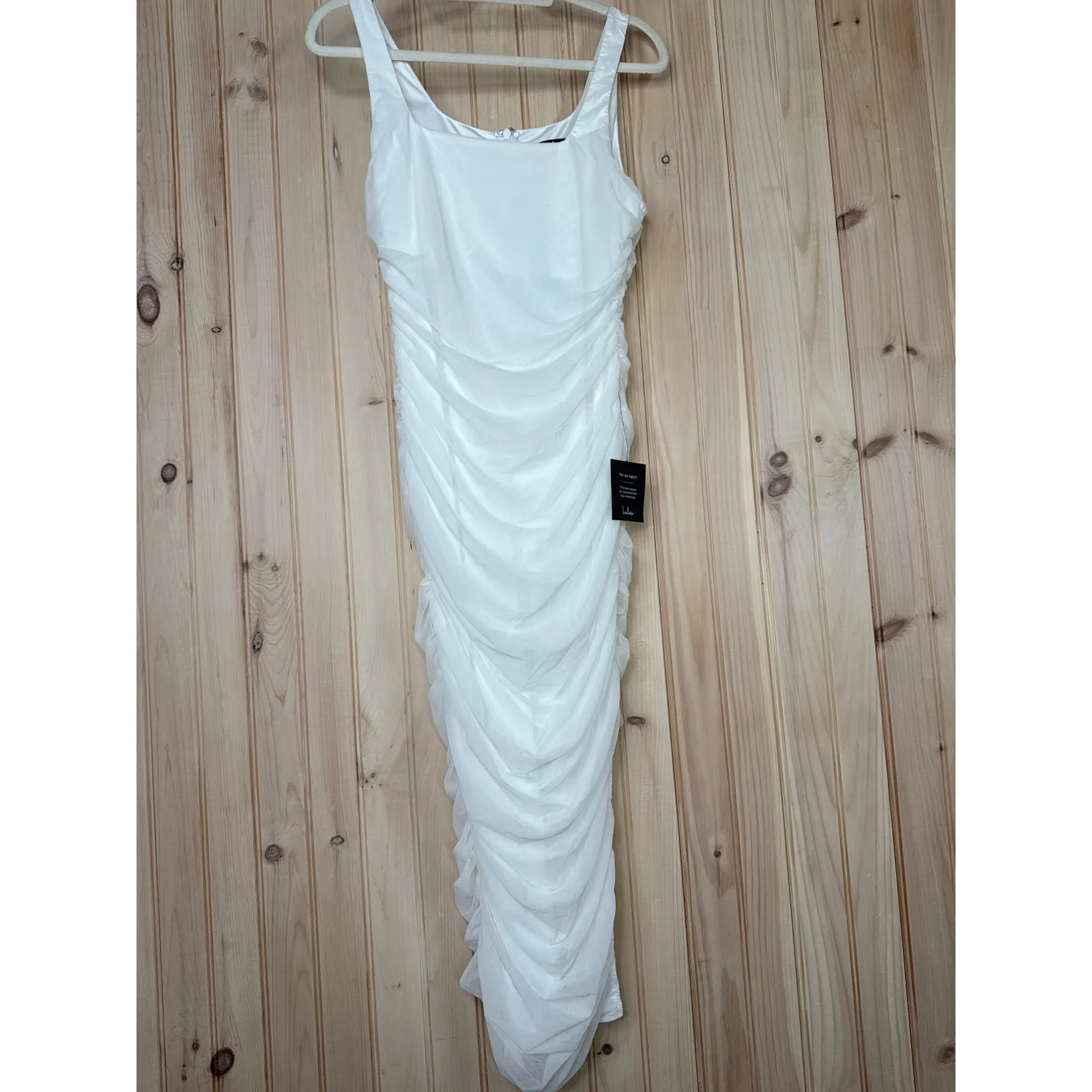 NWT Lulus V.I.P. Treatment White Mesh Ruched Bodycon Midi Dress Party Sexy Sz M - Image 2