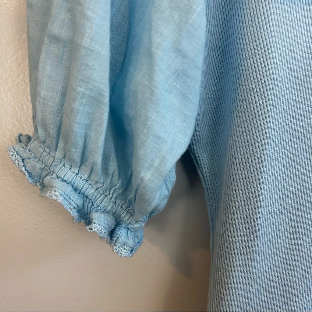 Athropologie Light Blue Embroidered Peter Pan Collar Ribbed Puff Top Blouse XS - Image 10