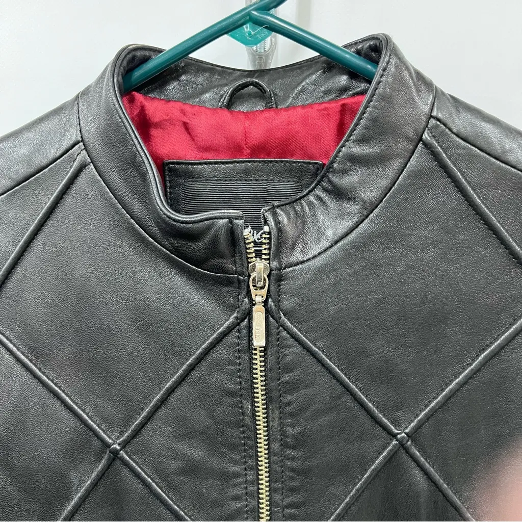 Vintage Mossimo Black Quilted Leather S Jacket Diamond pattern zip up red lining - Image 10