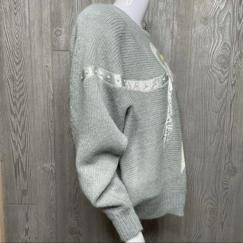 Vintage Adolfo collection knit lace bow beaded applique sweater meduim - Image 3