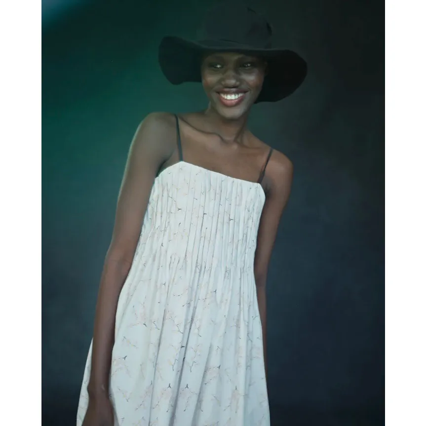 IMAN DRESS Midi Floral White Pink Ditsy Pleated Cotton Fit and Flare. - Image 2