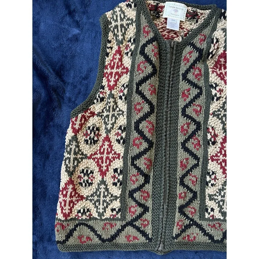 Vintage 90’s Susan‎ Bristol Green Red Zip Up Sweater Vest Size Petite Medium - Image 3