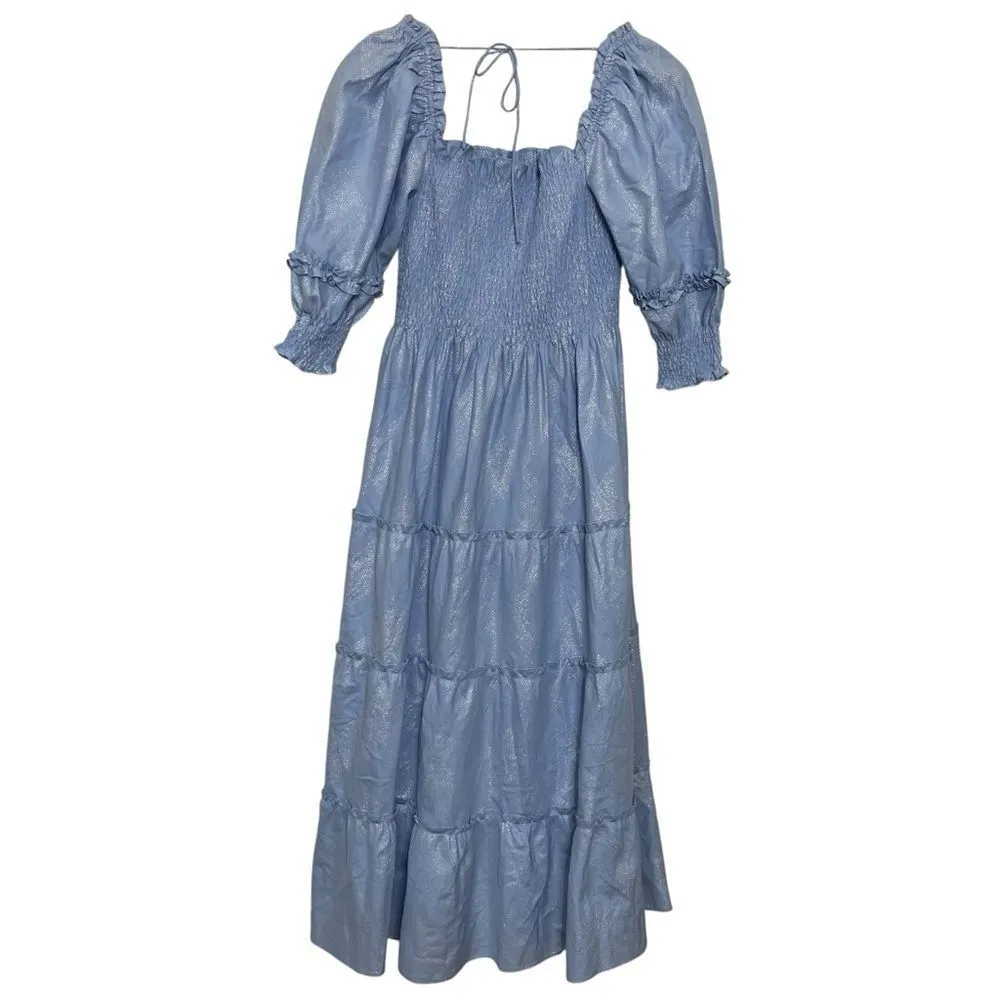 Hill House Nesli Nap Dress Women’s Small Metallic Blue Smocked Puff Sleeve Midi - Image 2